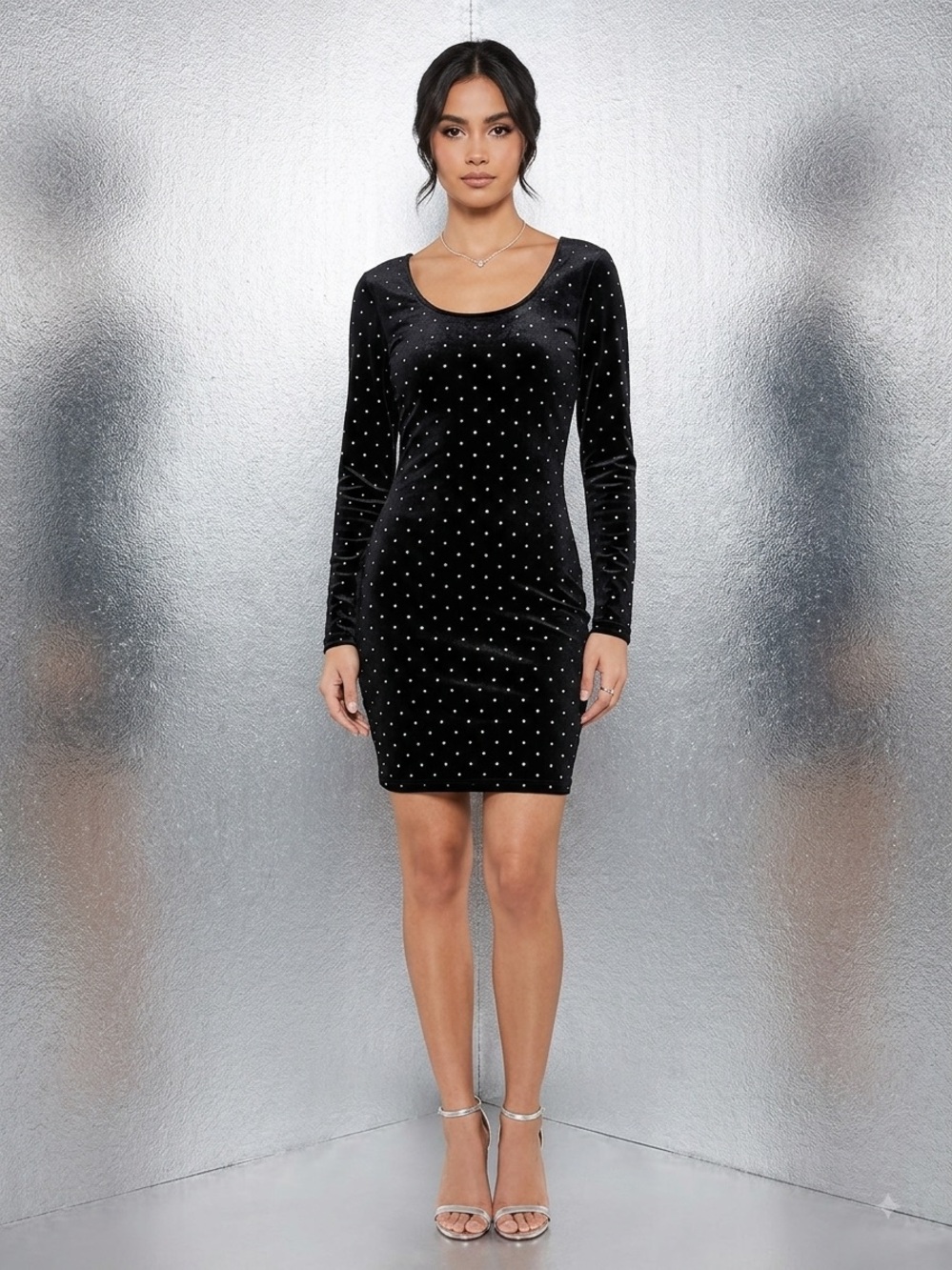 H&M Black Velvet Mini Dress with Silver Studs